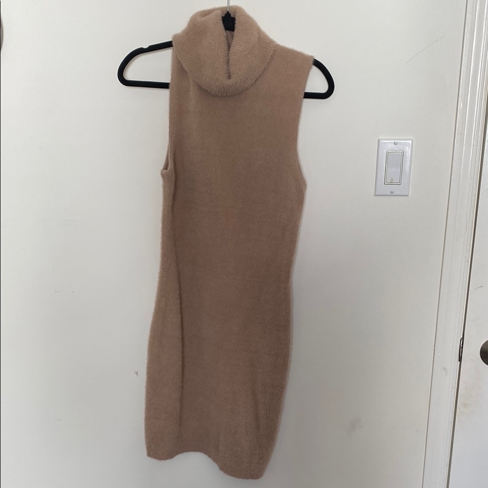 Cozy Tan Sleeveless Turtleneck Sweater Dress